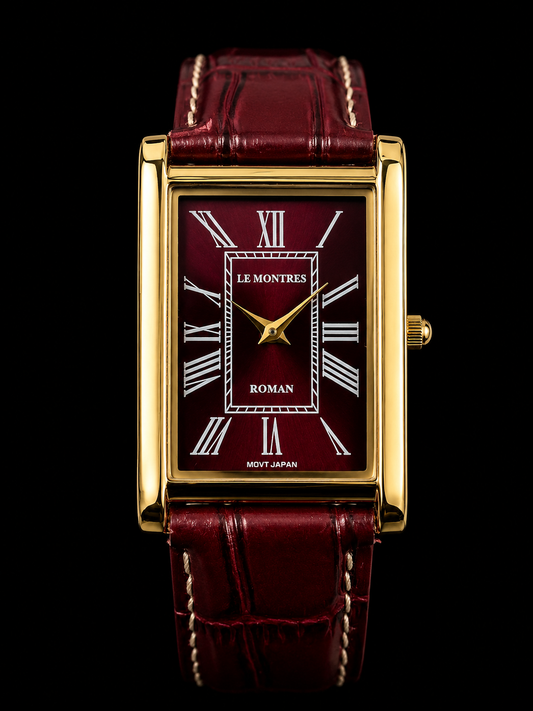 New Le Montres Classic Tank Quartz Men's Watch Maroon Roman Dial 26mm Gold LM05