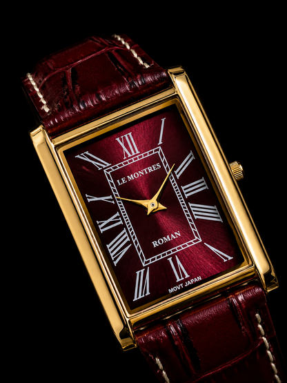 Vintage MOD Le Montres Quartz Maroon Face With Red Croco Band 26mm Gold Case Men's Wrist Watch LM05