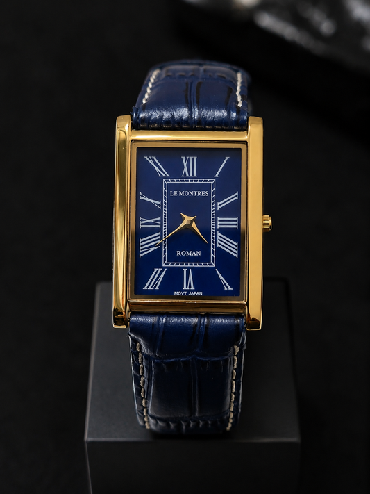 New Le Montres Quartz Blue Face With Blue Croco Band 26mm Gold Case Men's Wrist Watch LM01