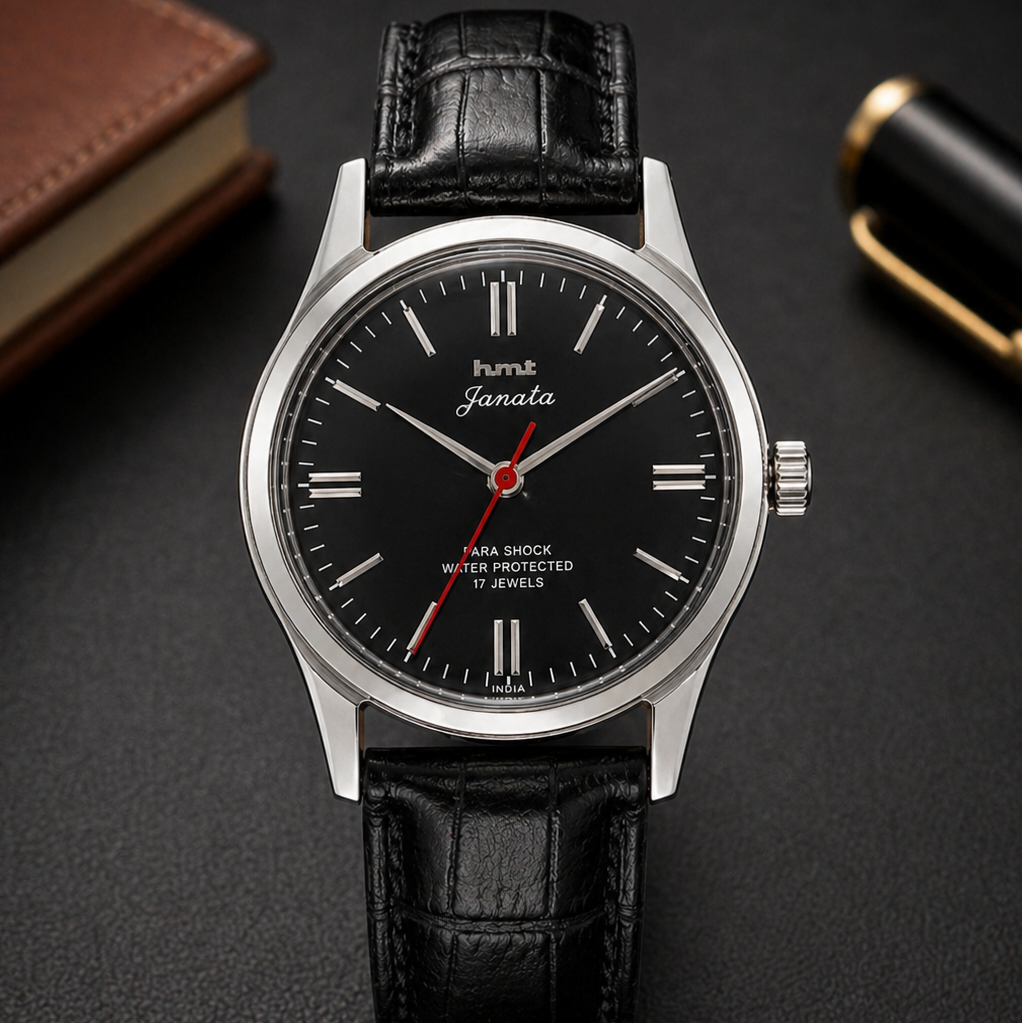 Vintage MOD HMT Janata Hand Winding 17 Jewels Black Face Black Leather Strap Men's Wrist Watch S123