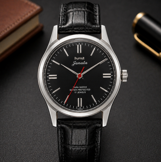 Vintage MOD HMT Janata Hand Winding 17 Jewels Black Face Black Leather Strap Men's Wrist Watch S123