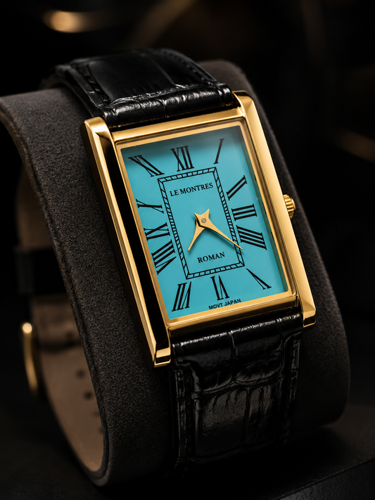 New Le Montres Quartz Sky Blue Face With Black Croco Band 26mm Gold Case Men's Wrist Watch LM02