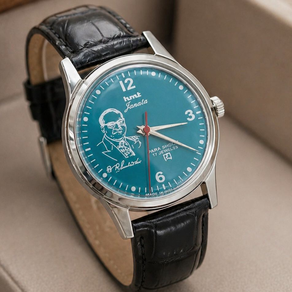 Vintage MOD HMT Janata B.R .Ambedkar Hand Winding 17 Jewels Sky blue Face Black Croco Leather Strap Men's Wrist Watch S114