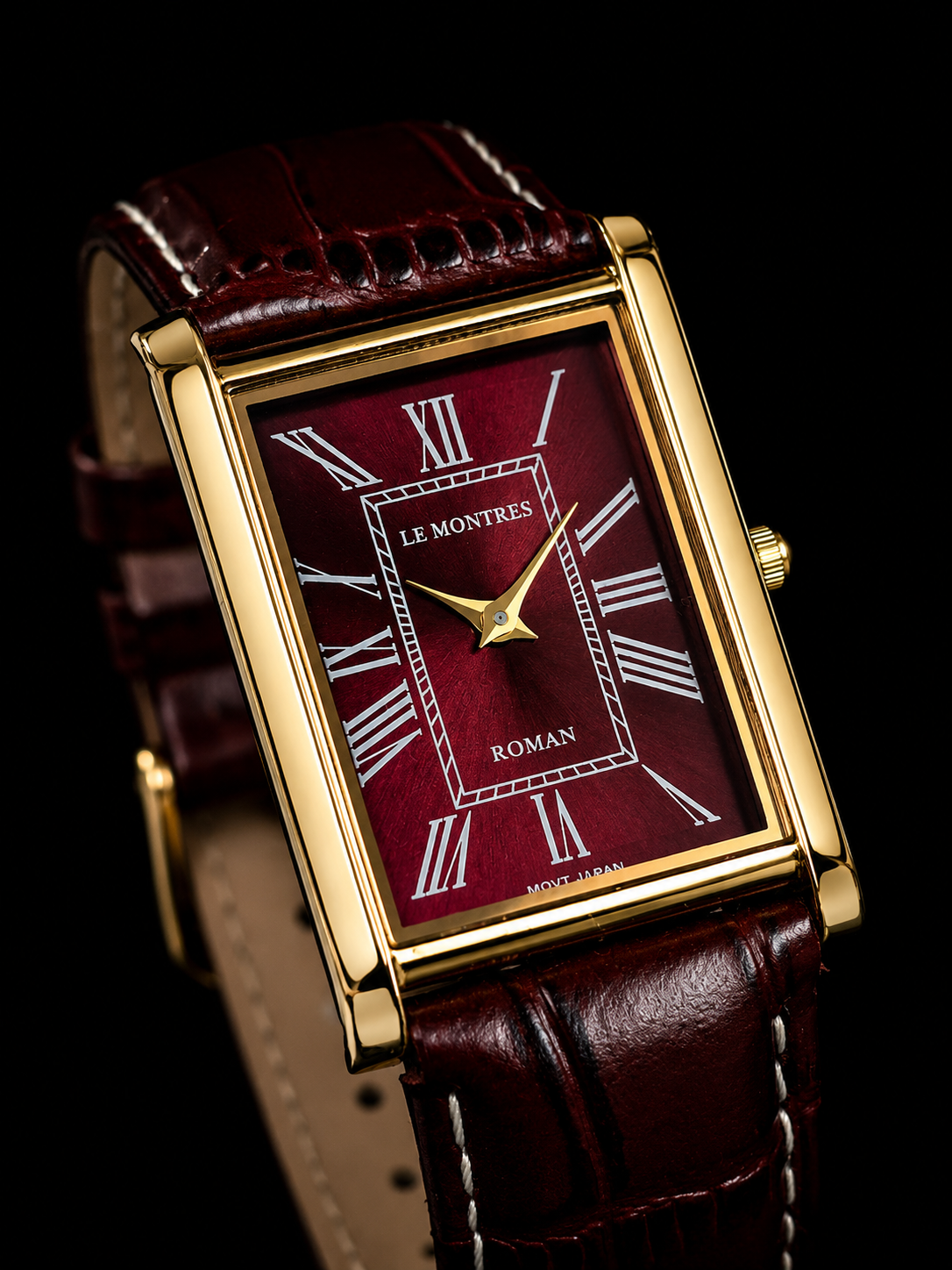 Vintage MOD Le Montres Quartz Maroon Face With Red Croco Band 26mm Gold Case Men's Wrist Watch LM05