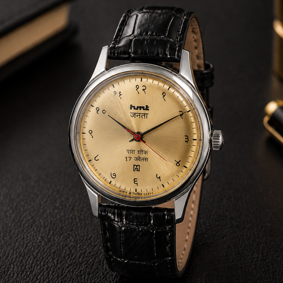 Vintage MOD HMT Janata Devanagari Hand Winding 17 Jewels Gold Face Black Croco Leather Strap Men's Wrist Watch S117