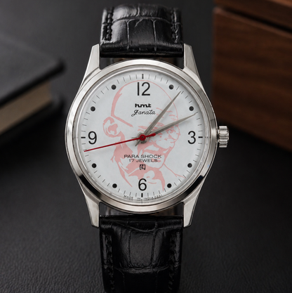 Vintage MOD HMT Janata Gandhi Hand Winding 17 Jewels White Face Black Leather Strap Men's Wrist Watch S120
