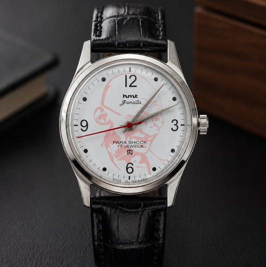 Vintage MOD HMT Janata Gandhi Hand Winding 17 Jewels White Face Black Leather Strap Men's Wrist Watch S120