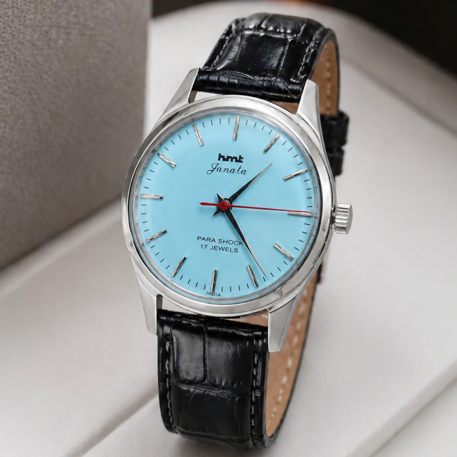 Vintage MOD HMT Janata Hand Winding 17 Jewels Sky Blue Face Black Croco Leather Strap Men's Wrist Watch S112