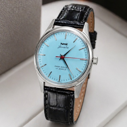 Vintage MOD HMT Janata Hand Winding 17 Jewels Sky Blue Face Black Croco Leather Strap Men's Wrist Watch S112