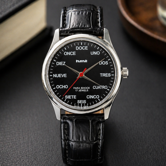 Vintage MOD HMT Janata Spanish Hand Winding 17 Jewels Black Face Black Leather Strap Men's Wrist Watch S126