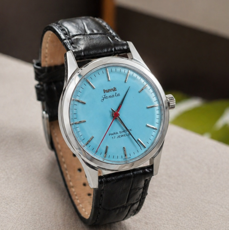 Vintage MOD HMT Janata Hand Winding 17 Jewels Sky Blue Face Black Croco Leather Strap Men's Wrist Watch S112