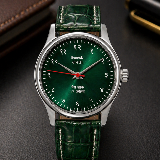 Vintage MOD HMT Janata Devanagari Hand Winding 17 Jewels Green Face Green Leather Strap Men's Wrist Watch S128