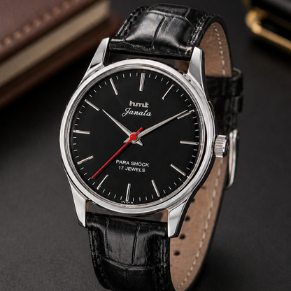 Vintage MOD HMT Janata Hand Winding 17 Jewels Black Face Black Leather Strap Men's Wrist Watch S124