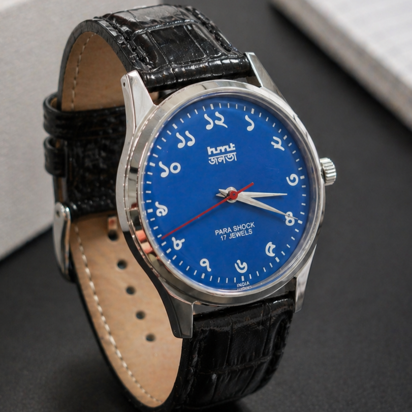 Vintage MOD HMT Janata Bangla Hand Winding 17 Jewels Blue Face Black Croco Leather Strap Men's Wrist Watch S116