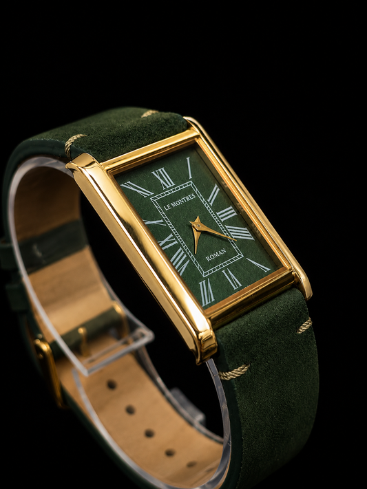New Le Montres Quartz Green Face With Green Band 26mm Gold Case Men's Wrist Watch LM04