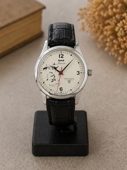 Vintage MOD HMT Janata  A.P.J. Abdul Kalam Hand Winding 17 Jewels White Face Black Leather Strap Men's Wrist Watch S121