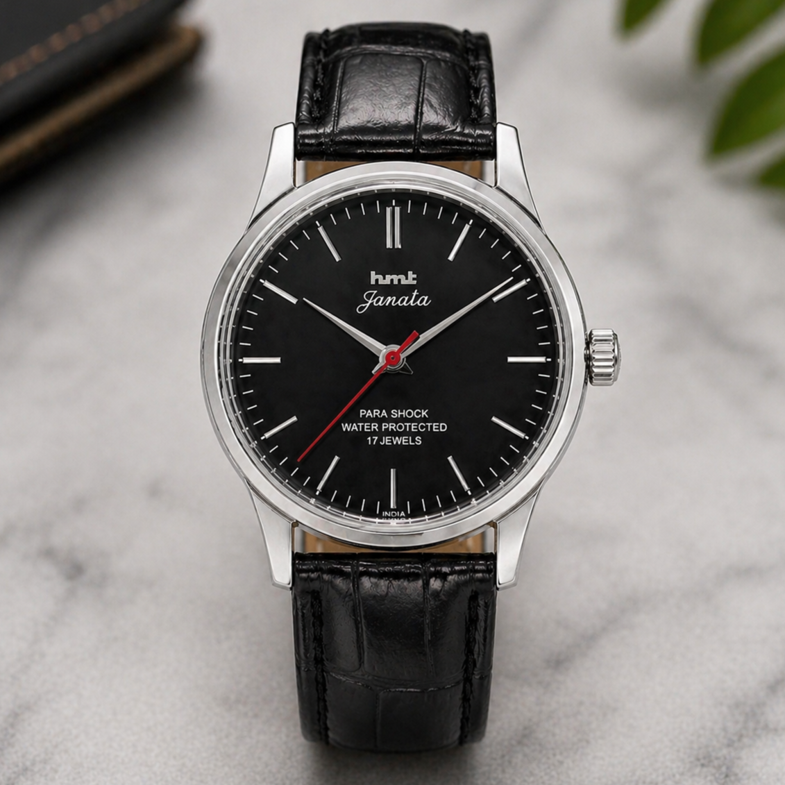Vintage MOD HMT Janata Hand Winding 17 Jewels Black Face Black Leather Strap Men's Wrist Watch S124