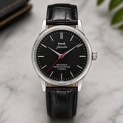 Vintage MOD HMT Janata Hand Winding 17 Jewels Black Face Black Leather Strap Men's Wrist Watch S124