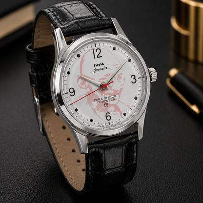 Vintage MOD HMT Janata Gandhi Hand Winding 17 Jewels White Face Black Leather Strap Men's Wrist Watch S120