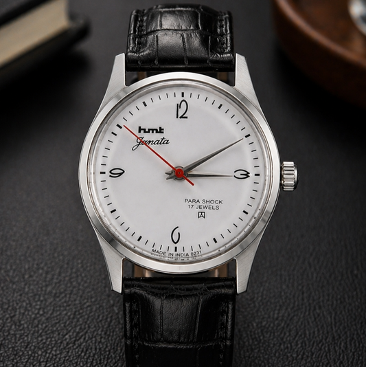 Vintage MOD HMT Janata Hand Winding 17 Jewels Black Face Black Leather Strap Men's Wrist Watch S125