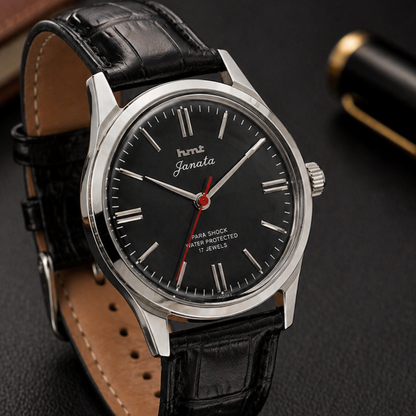 Vintage MOD HMT Janata Hand Winding 17 Jewels Black Face Black Leather Strap Men's Wrist Watch S123
