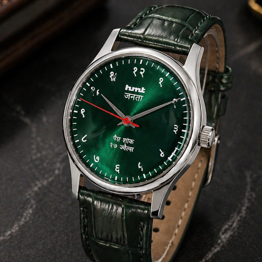 Vintage MOD HMT Janata Devanagari Hand Winding 17 Jewels Green Face Green Leather Strap Men's Wrist Watch S128