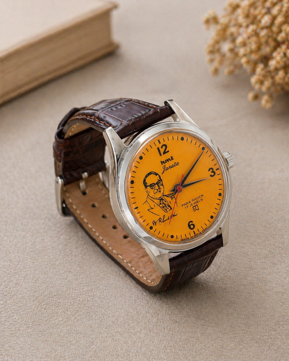 Vintage MOD HMT Janata B.R. Ambedkar Hand Winding 17 Jewels Orange Face Brown Leather Strap Men's Wrist Watch S130
