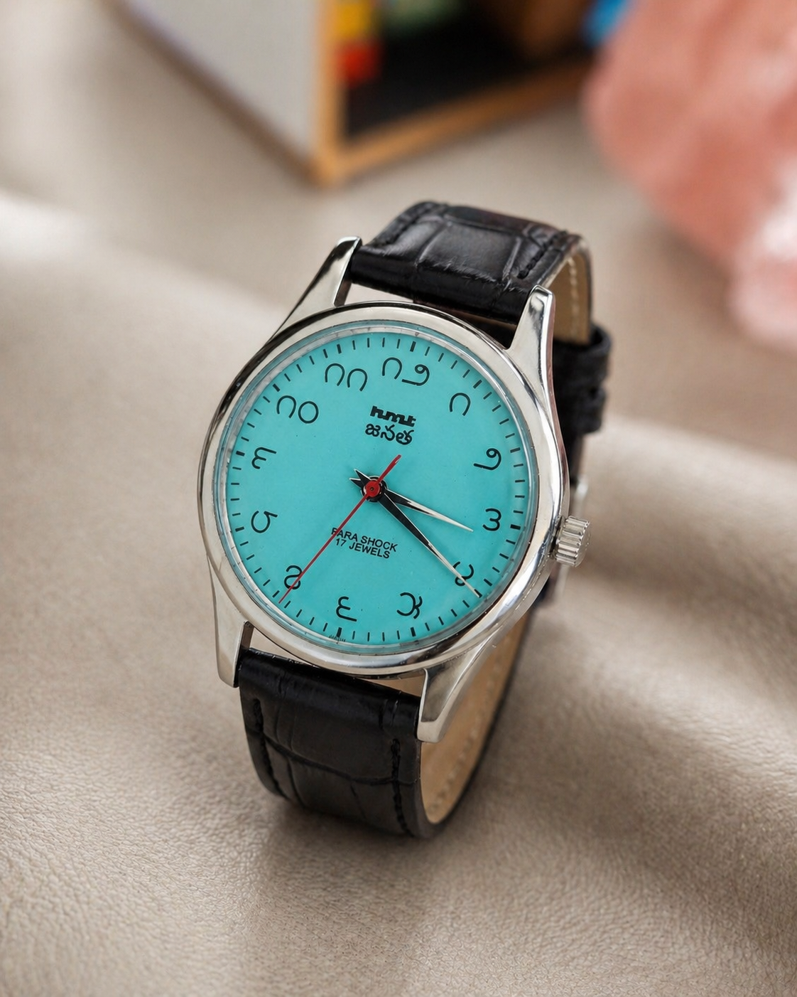 Vintage MOD HMT Janata Telugu Hand Winding 17 Jewels Turquoise Face Black Leather Strap Men's Wrist Watch S127