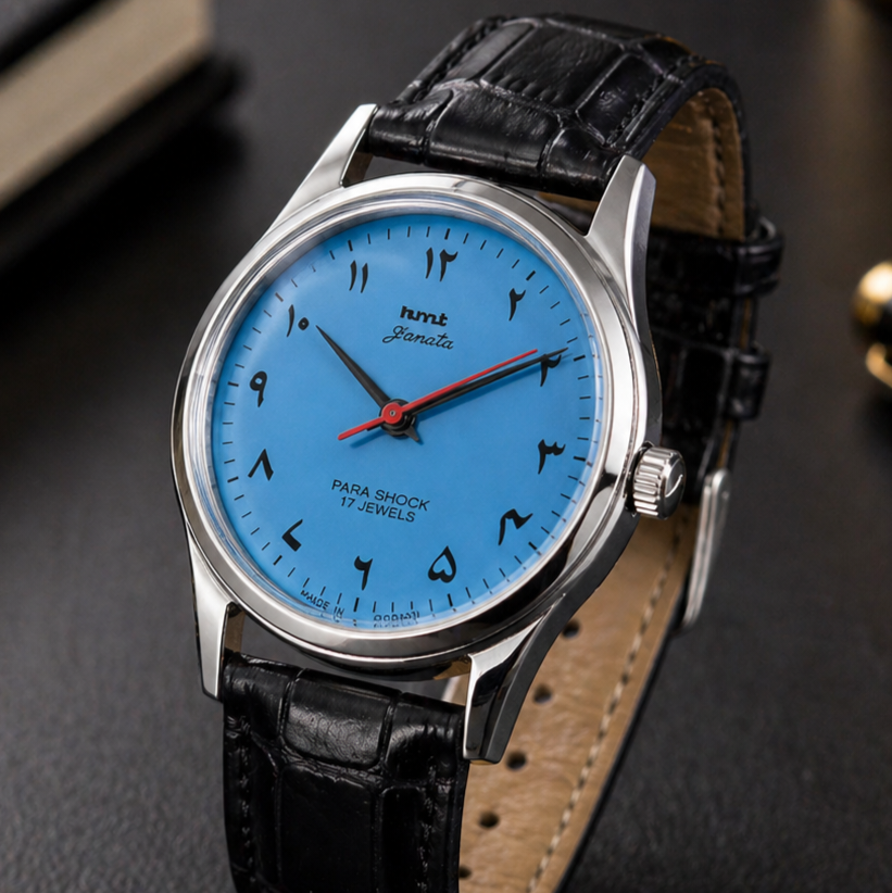 Vintage MOD HMT Janata Urdu/Arabic Hand Winding 17 Jewels Sky Blue Face Black Croco Leather Strap Men's Wrist Watch S115