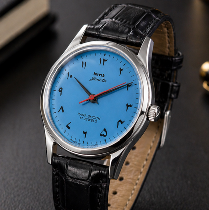 Vintage MOD HMT Janata Urdu/Arabic Hand Winding 17 Jewels Sky Blue Face Black Croco Leather Strap Men's Wrist Watch S115