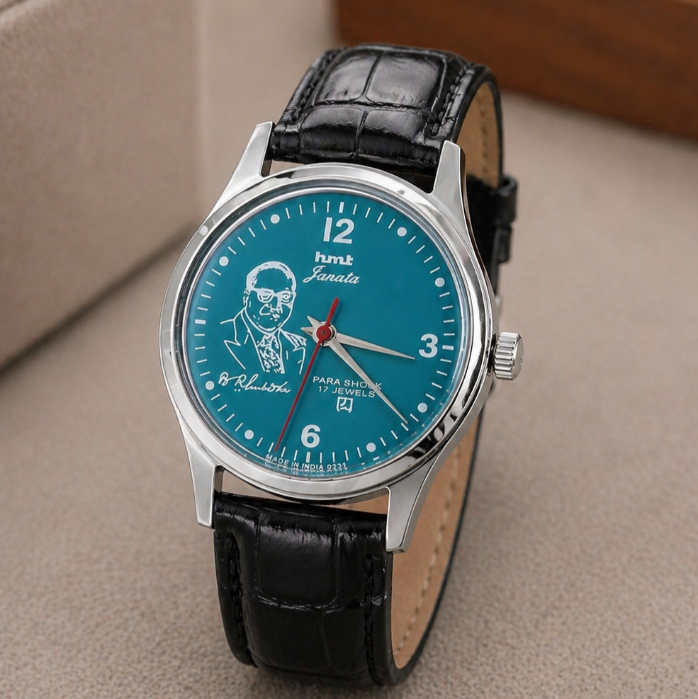 Vintage MOD HMT Janata B.R .Ambedkar Hand Winding 17 Jewels Sky blue Face Black Croco Leather Strap Men's Wrist Watch S114