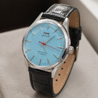Vintage MOD HMT Janata Hand Winding 17 Jewels Sky Blue Face Black Croco Leather Strap Men's Wrist Watch S112