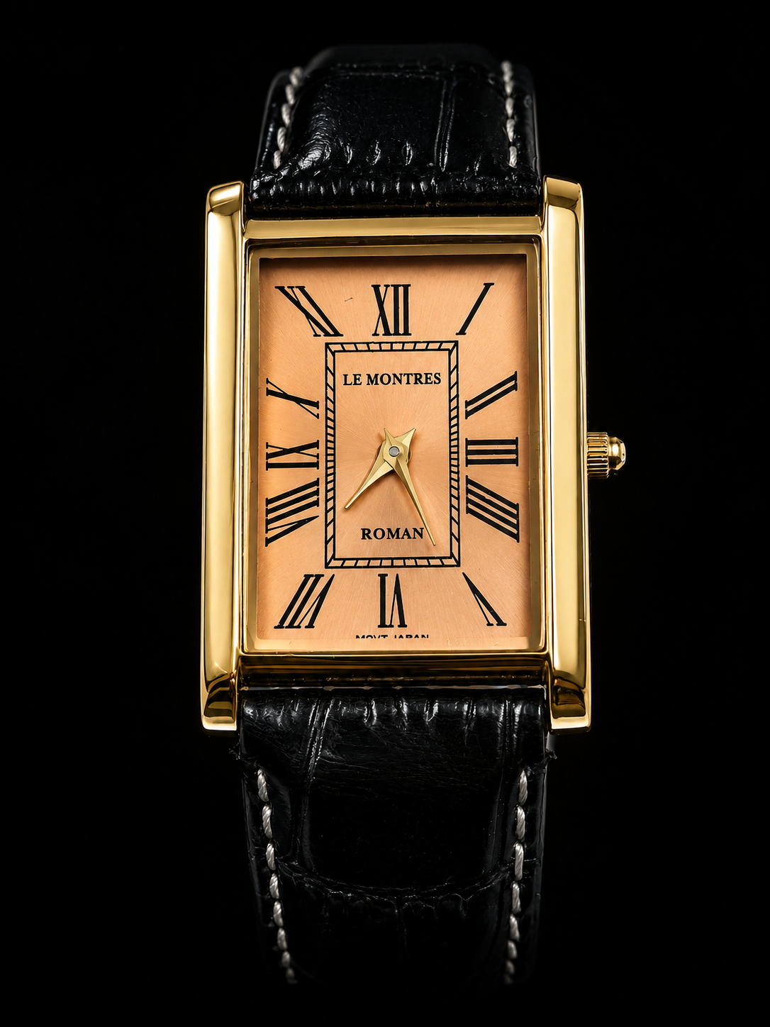Vintage MOD Le Montres Quartz Peach Face With Black Croco Band 26mm Gold Case Men's Wrist Watch LM06