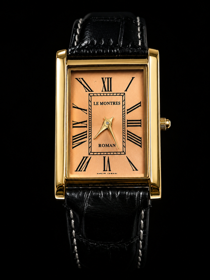 Vintage MOD Le Montres Quartz Peach Face With Black Croco Band 26mm Gold Case Men's Wrist Watch LM06