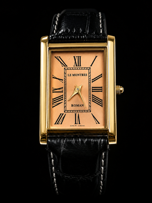 New Le Montres Quartz Peach Face With Black Croco Band 26mm Gold Case Men's Wrist Watch LM06