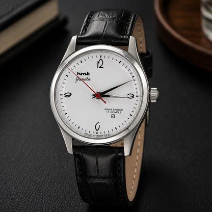Vintage MOD HMT Janata Hand Winding 17 Jewels Black Face Black Leather Strap Men's Wrist Watch S125