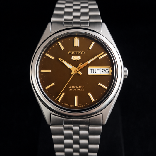 Vintage 1996 Original Seiko 5 Automatic 7S26-3180 Brown Face 21 Jewels Day-Date Japanese Men's Wrist Watch S43