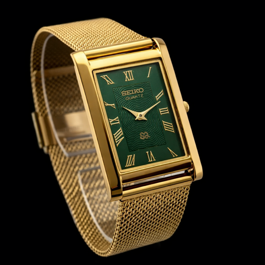 MOD Seiko Slim Rectangular Quartz Green Face Mesh Band Men's Wrist watch C58
