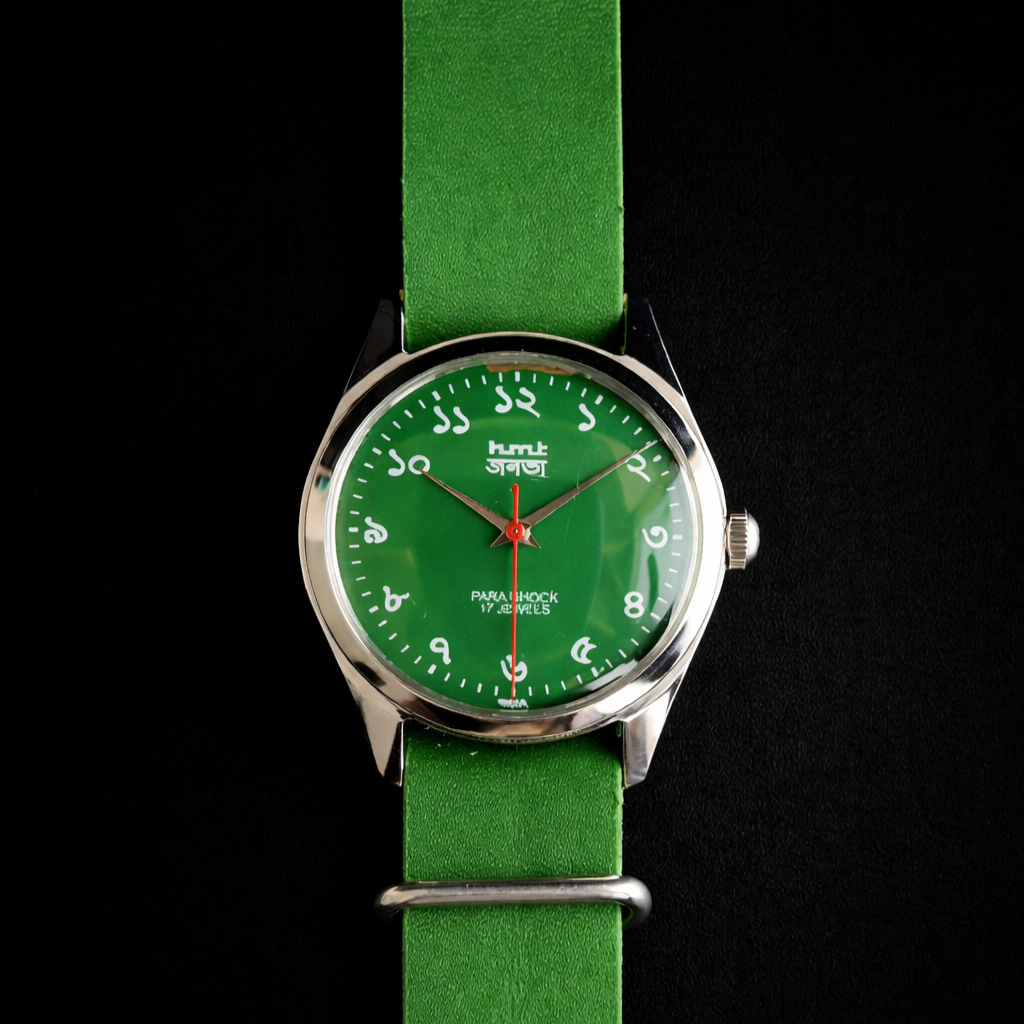 Vintage MOD HMT Janata Bangla Hand Winding 17 Jewels Green Face Green Nato Leather Strap Men's Wrist Watch K13