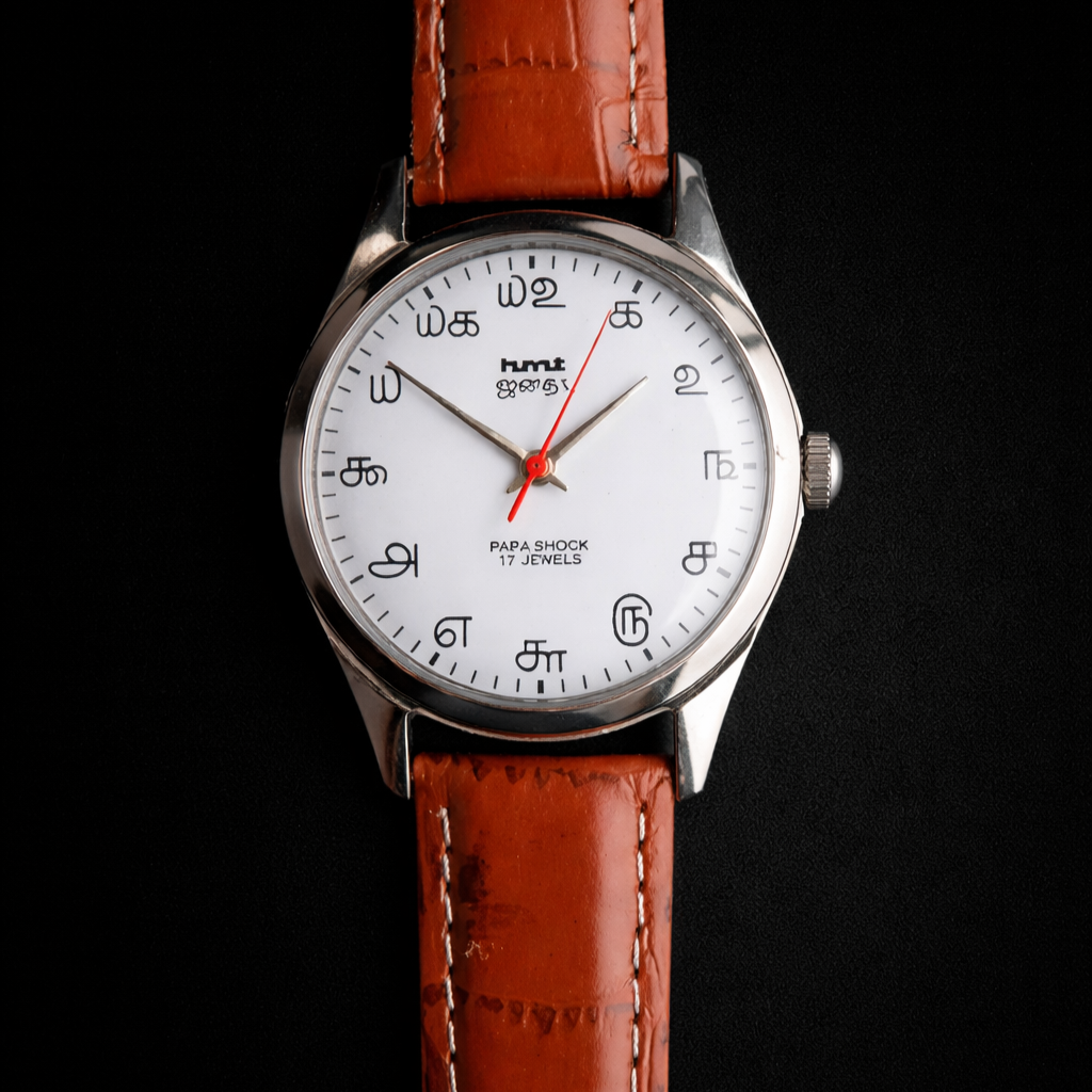 Vintage MOD HMT Janata Tamil Hand Winding 17 Jewels White Face 35mm Silver Case With Tan Leather Strap Men's Wrist Watch J83