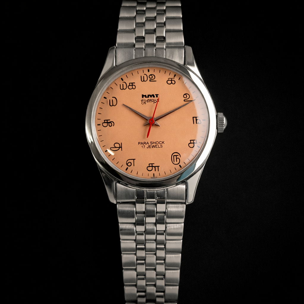 Vintage MOD HMT Janata Tamil Hand Winding 17 Jewels Peach 35mm Silver Case With Bracelet Men's Wrist Watch J76