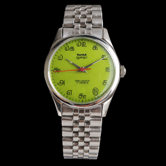 Vintage MOD HMT Janata Tamil Hand Winding 17 Jewels Parrot Green 35mm Silver Case With Bracelet Men's Wrist Watch J73
