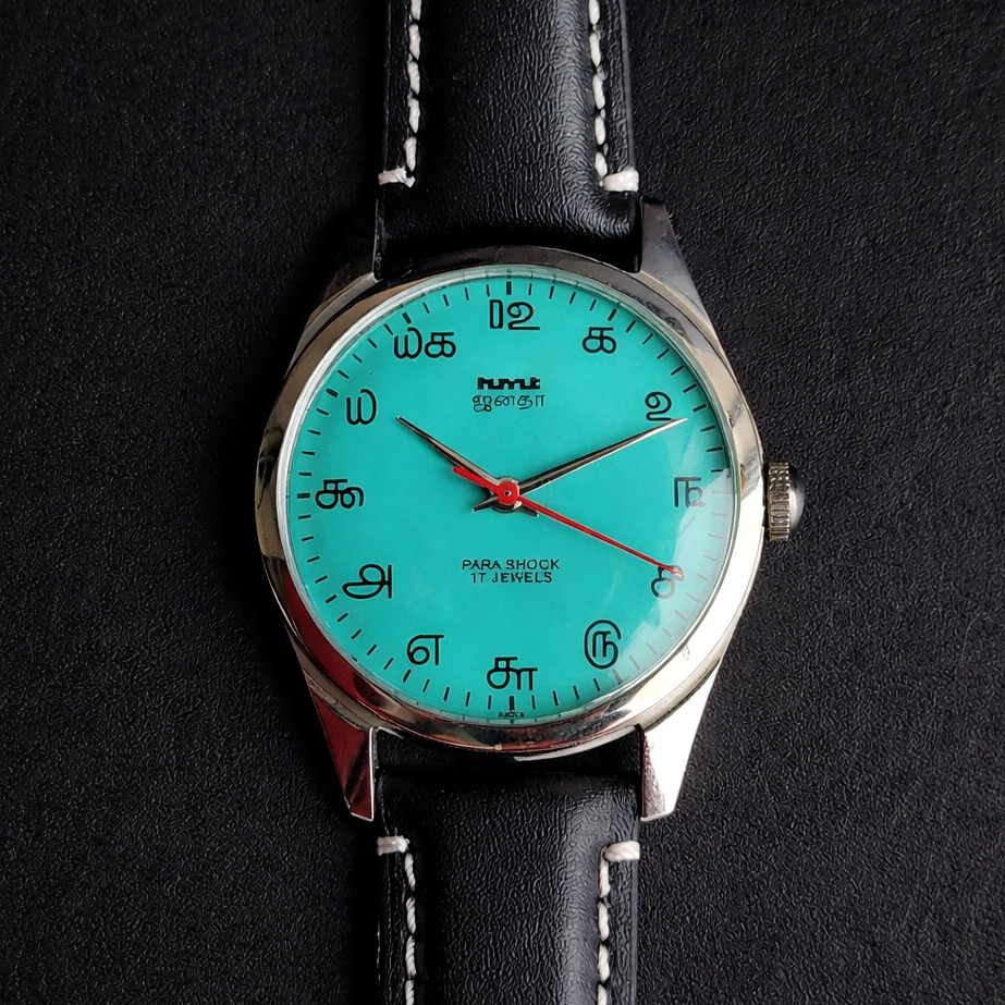 Vintage MOD HMT Janata Tamil Hand Winding 17 Jewels Sea Green Face 35mm Silver Case With Black Leather Strap Men's Wrist Watch I82