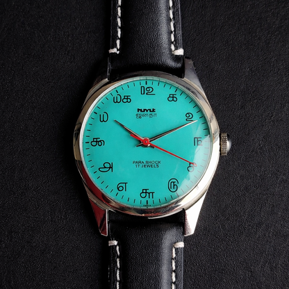 Vintage MOD HMT Janata Tamil Hand Winding 17 Jewels Sea Green Face 35mm Silver Case With Black Leather Strap Men's Wrist Watch I82