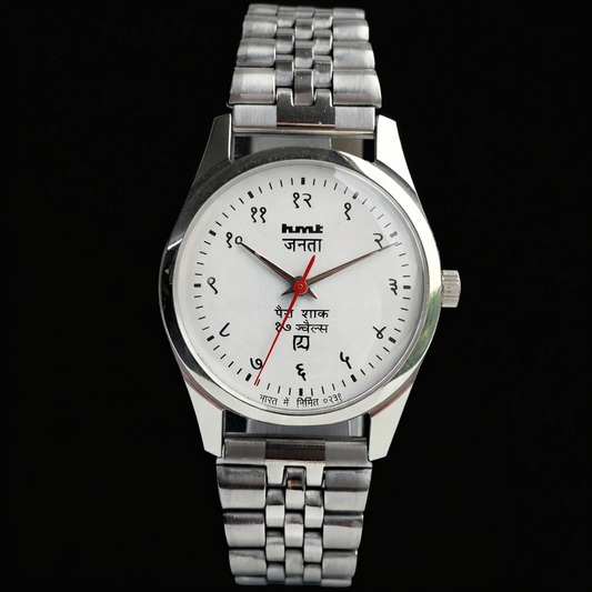 Vintage MOD HMT Janata Devanagari Hand Winding 17 Jewels White Face 35MM Silver Case Exhibition Back Men's Wrist Watch G49