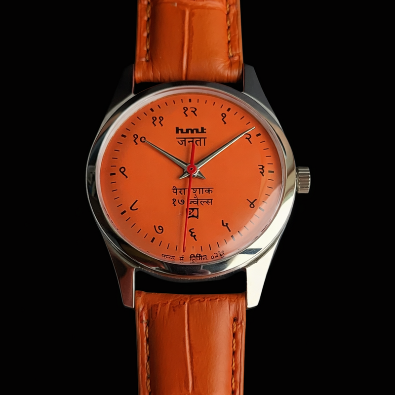 Vintage MOD HMT Janata Devanagari Hand Winding 17 Jewels Peach Face 35MM Silver Case Brown Leather Strap Men's Wrist Watch G68