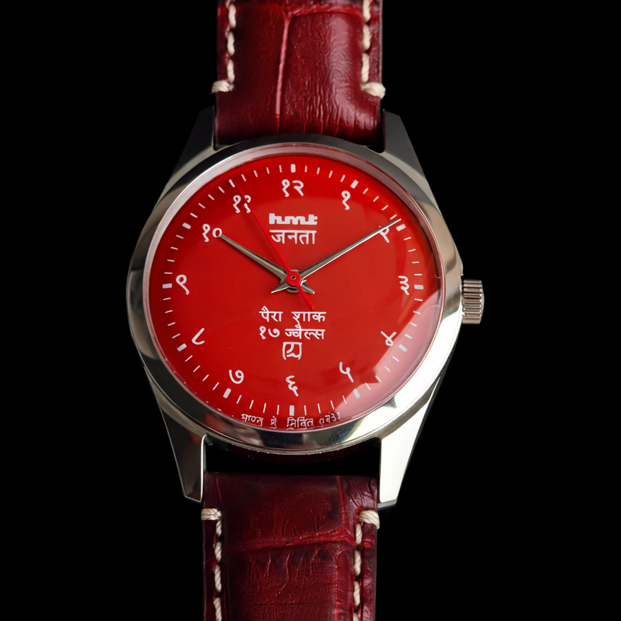 Vintage MOD HMT Janata Devanagari Hand Winding 17 Jewels Red Face 35MM Silver Case Red Leather Strap Men's Wrist Watch G63