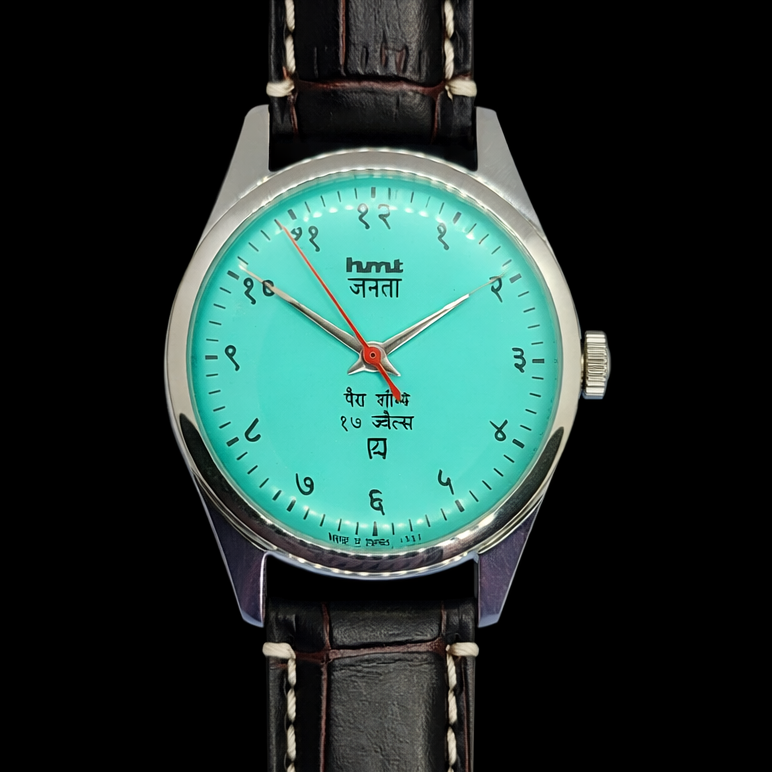 Vintage MOD HMT Janata Devanagari Hand Winding 17 Jewels Tiffany Blue Face Brown Croco Leather Strap Men's Wrist Watch F87