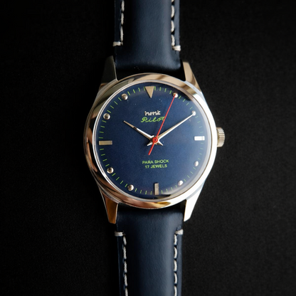 Vintage MOD HMT Pilot Hand Winding 17 Jewels Blue Face Blue Leather Strap Men's Wrist Watch J22