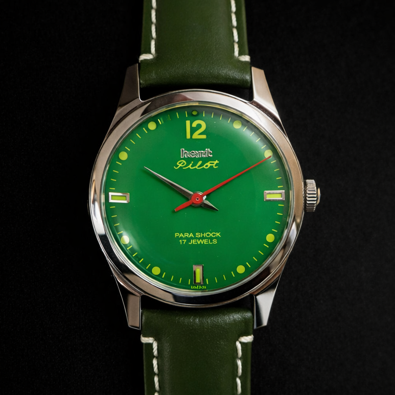 Vintage MOD HMT Pilot Hand Winding 17 Jewels Green Face Green Band Men's Wrist Watch C42